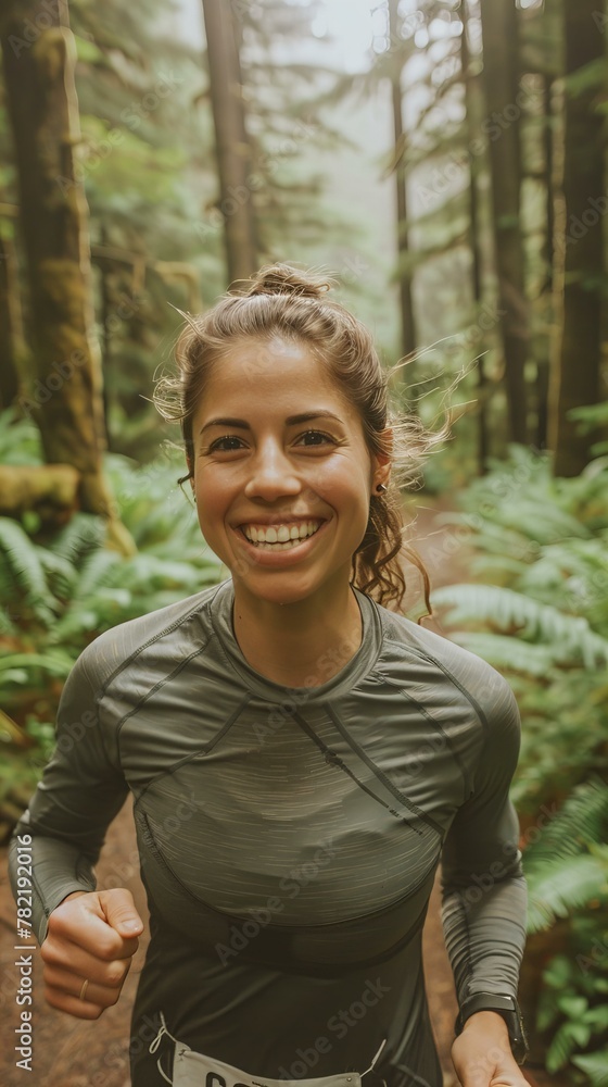Female trail runner in a forest landscape. Energetic and healthy lifestyle photograph outdoor sports Female trail runner in a forest landscape. Energetic and healthy lifestyle photograph outdoor sports
