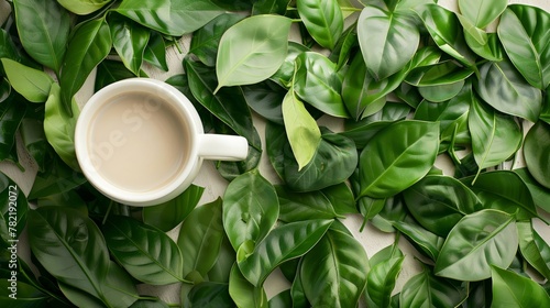 Closeup view of a white coffee cup placed amidst a circle of fresh green leaves  creating a vibrant and natural composition