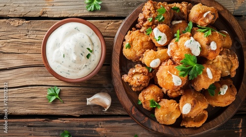 A wooden bowl filled with crispy tater tots placed beside a bowl of creamy ranch dressing