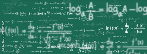 Equations and formulas of logarithms, derivatives, trigonometric, logarithmic, hyperbolic and inverse on green chalkboard background