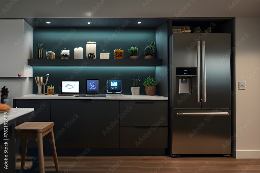 Showcase the power of the Internet of Things with a visually stunning image of a smart home filled with various connected devices and appliances AI, such as smart refrigerators, coffee makers, and ove
