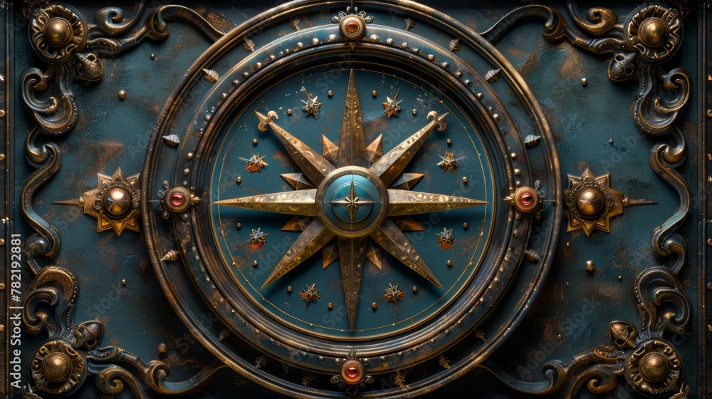 Beautiful 3D illustration of a fantasy compass on an ornate steampunk metal frame