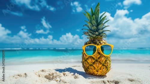 Pineapple with sunglasses on the beach of tropical sea or ocean against blue water and sky with space for copy