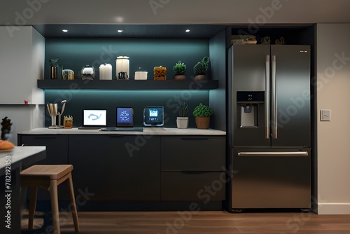 Showcase the power of the Internet of Things with a visually stunning image of a smart home filled with various connected devices and appliances AI, such as smart refrigerators, coffee makers, and ove photo