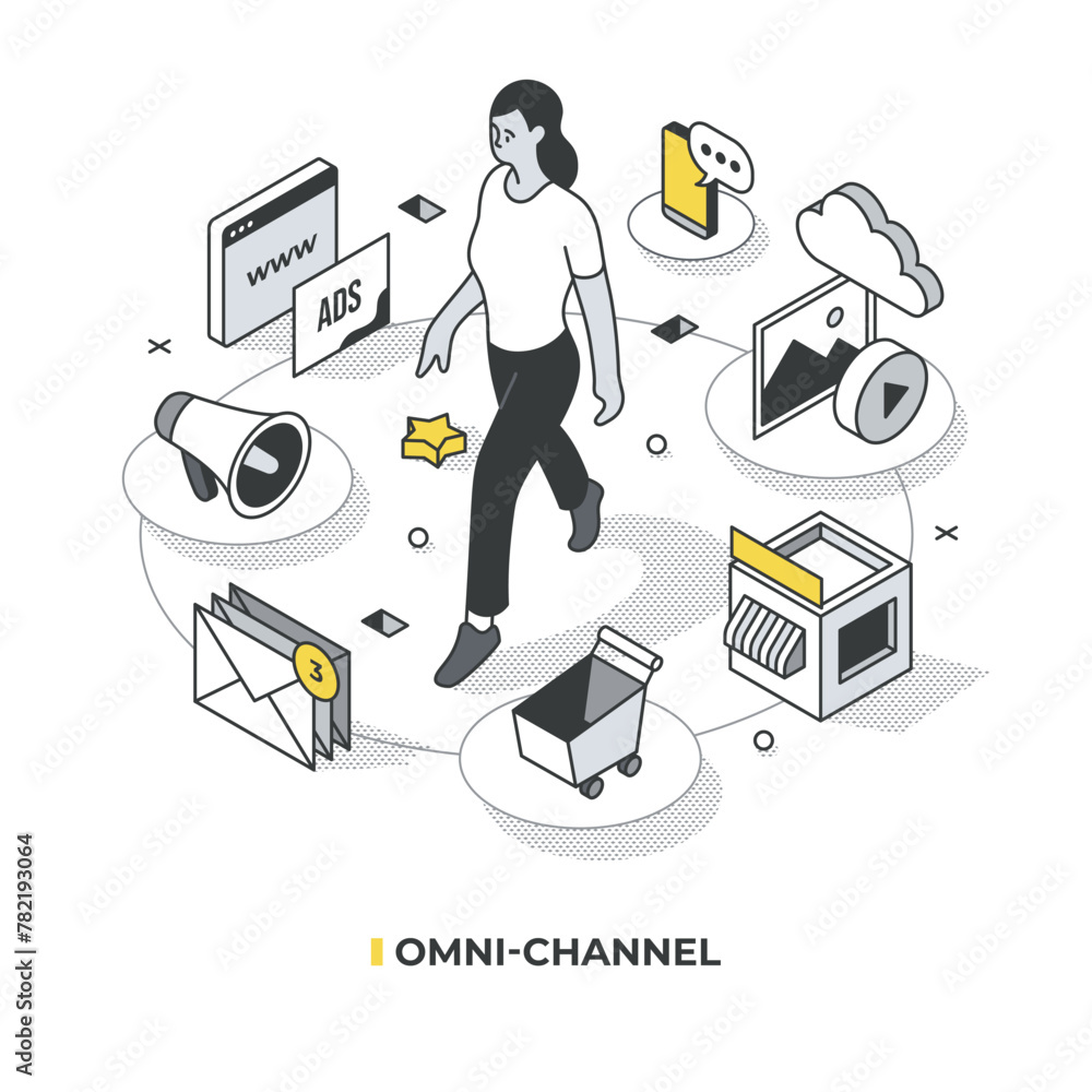 Omni-channel personalization: A woman  customer, amidst communication channels linking sellers and consumers - websites, social media, email, apps, and in-store interactions. Isometric illustration - obrazy, fototapety, plakaty 