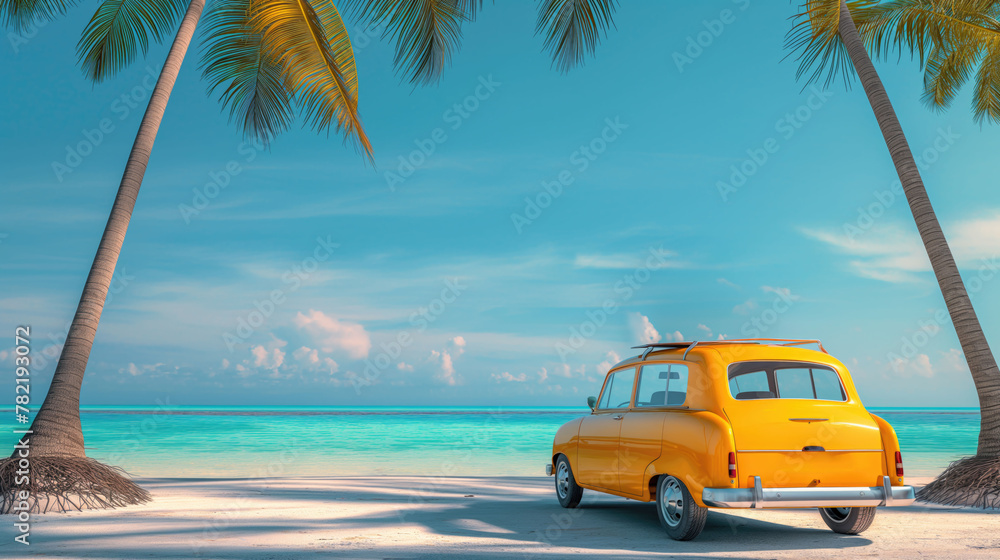 Rear view of a yellow car on the tropical beach with blue ocean white sand and palm tree