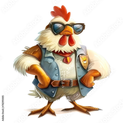 A cartoon chicken is confidently wearing sunglasses and a vest. It appears brave and fashionable as it stands out against a transparent background.