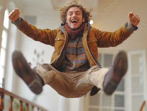 Ein Mann in legerer englischer Kleidung, der vor Freude und völliger Ekstase hüpft. photo