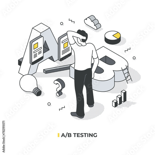 A B testing and strategy optimization: A man, makes a choice between two options of mobile interfaces, determining which choice resonates best with the business audience. Isometric illustration