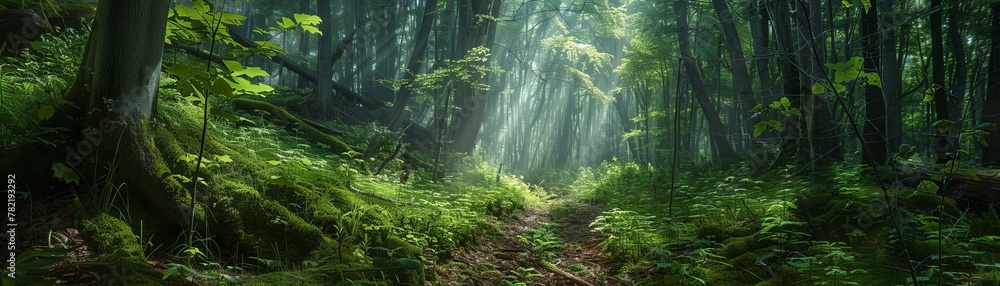 Fototapeta premium Child exploring a mystical forest at dawn. Adventure and discovery concept photography with a focus