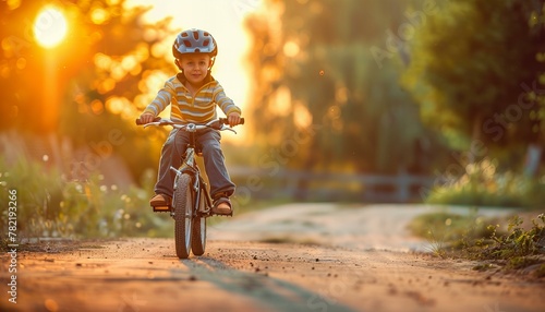 Child riding a bicycle at sunset. Childhood joy and freedom photography