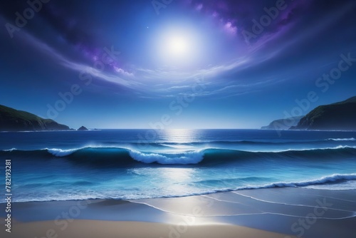 the moon is shining over the Blue Sea at night © Wirestock