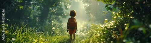 Child exploring a mystical forest at dawn. Adventure and discovery concept photography with a focus photo