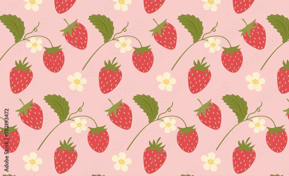 Juicy strawberry seamless pattern with berries, flowers and leaves in hand drawn style Juicy strawberry seamless pattern with berries, flowers and leaves in hand drawn style