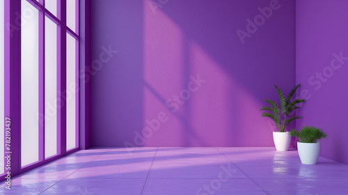 Ultraviolet room corner with large windows and two potted plants. Copy space. Generative AI