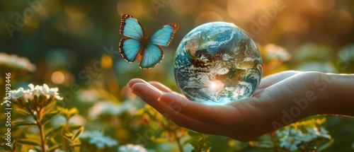 The Earth crystal glass globe ball held in the human hand. A flying butterfly with blue wings flies over a fresh, green lawn. Saving the environment, saving the green planet, the environment, saving photo