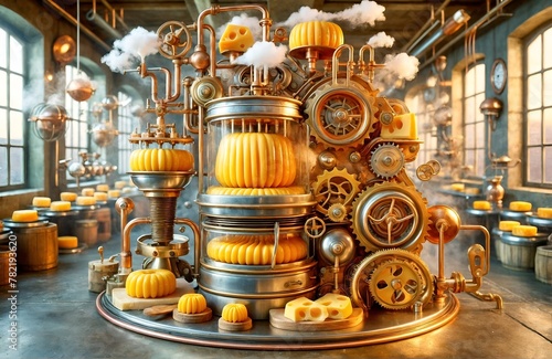 a whimsical and inventive cheese-making machine with a steampunk aesthetic