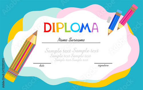 Diploma for children. Official document educational institution. Concept design diploma education. Flat vector. Diploma template. Vector illustration. 