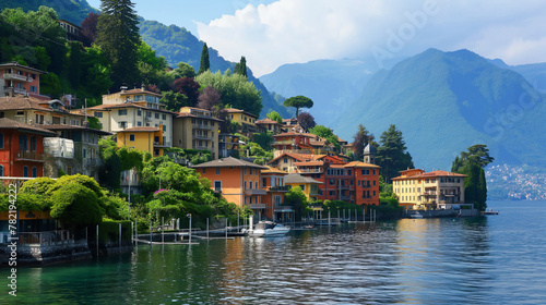 Tranquil lakeside town with colorful houses and lush green mountains. Wallpaper background.  Generative AI photo