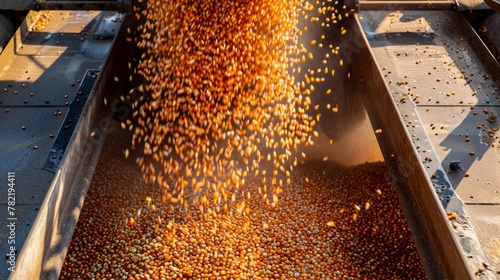 A conveyor belt moving large quantities of grain with seeds spilling onto the ground below from a harvester in action