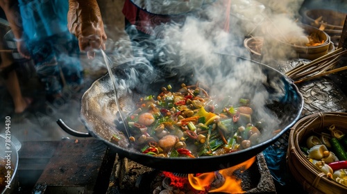 A high-angle view of a large pot filled with various foods cooking on a stove  steam rising from the sizzling ingredients