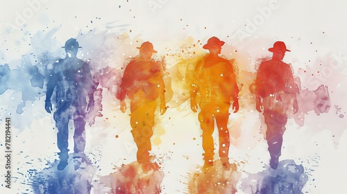 Watercolor painting of construction workers in colorful silhouettes. Labor Day concept