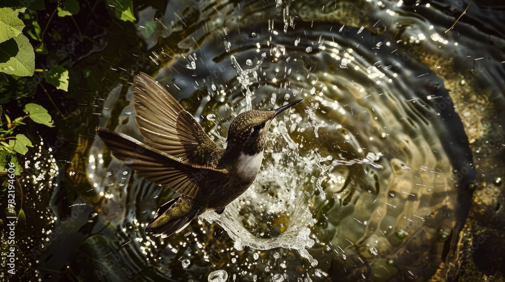 Fototapeta premium Hummingbird captured from above, bathing in a pond with water splashing