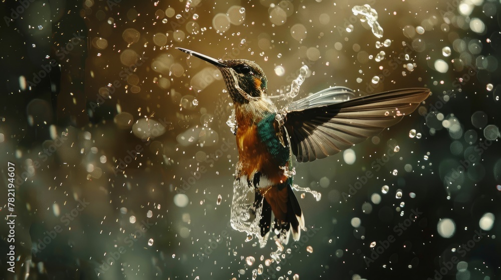 Fototapeta premium A hummingbird seen from above, bathing in the rain in a shallow basin with water splashing around