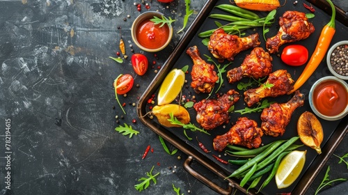 A tray filled with a variety of food items including crispy chicken wings, fresh vegetables, and delicious sauces photo