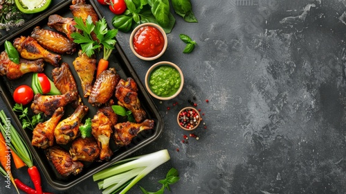 A tray filled with crispy chicken wings and colorful vegetables displayed on a modern surface © Ilia Nesolenyi