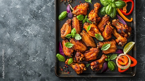 A tray holding crispy chicken wings with peppers, onions, and more, creating a flavorful and visually appealing dish photo