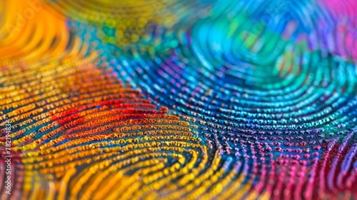 Close up of a colorful fingerprint showcasing a rainbow of hues in a distinct pattern