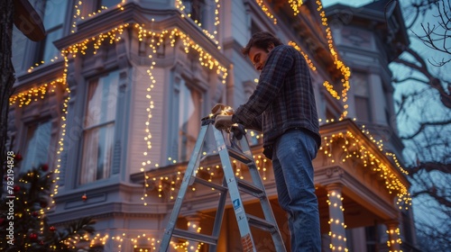 A man stands on a ladder, decorating the eaves of a house with brightly lit Christmas lights