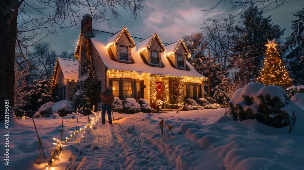 Scene of a man adorning a house with twinkling Christmas lights on eaves, covered in snow