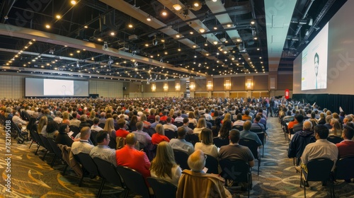 A wide-angle shot of a crowded auditorium filled with people sitting in rows of chairs and booths during an event or conference photo