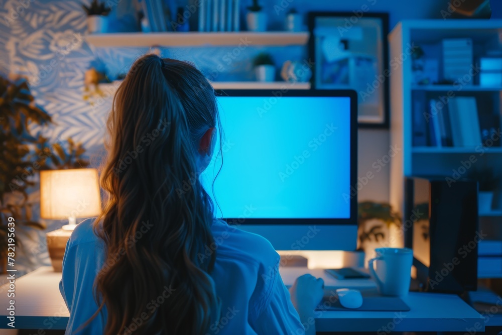 Application mockupover the shoulder shot of a adult woman in front of a computer with a completely blue screen Application mockupover the shoulder shot of a adult woman in front of a computer with a completely blue screen