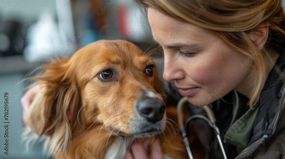 Close-up of a veterinarian examining a brown dog, both looking attentive. Close-up of a veterinarian examining a brown dog, both looking attentive.