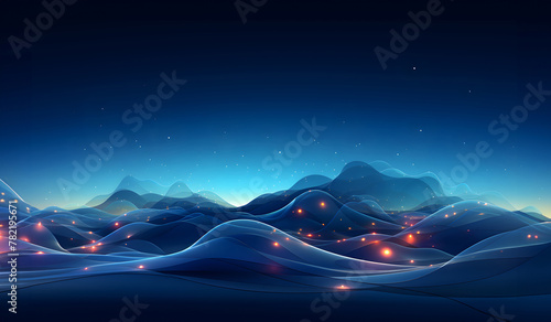 Surreal digital landscape: Dark blue waves with luminous accents under a starry sky
