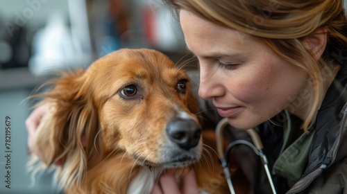 Close-up of a veterinarian examining a brown dog, both looking attentive.