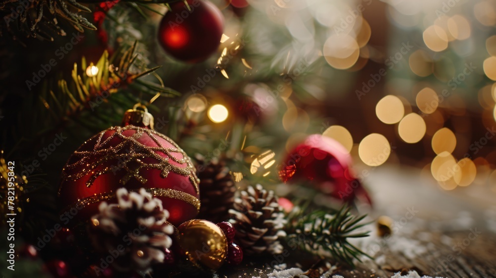A detailed view of a decorated Christmas tree, perfect for holiday designs A detailed view of a decorated Christmas tree, perfect for holiday designs