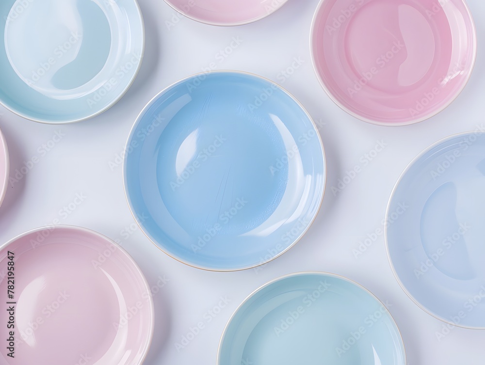 Top view , Pink, Blue, and light Blue pastel coloured plates on white background Top view , Pink, Blue, and light Blue pastel coloured plates on white background