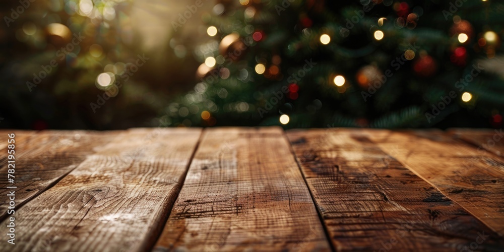 Festive Christmas tree on rustic wooden table. Perfect for holiday season decorations Festive Christmas tree on rustic wooden table. Perfect for holiday season decorations