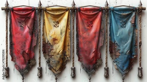 The ancient medieval banners set isolated on a white background are shown in 3D. photo