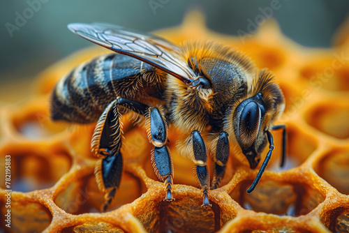 A bee perched on a honeycomb, with its pollen-covered legs and fuzzy body in sharp focus