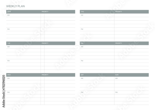 A weekly project plan design template in a modern, simple, and minimalist style. Note, scheduler, diary, calendar, planner document template illustration.