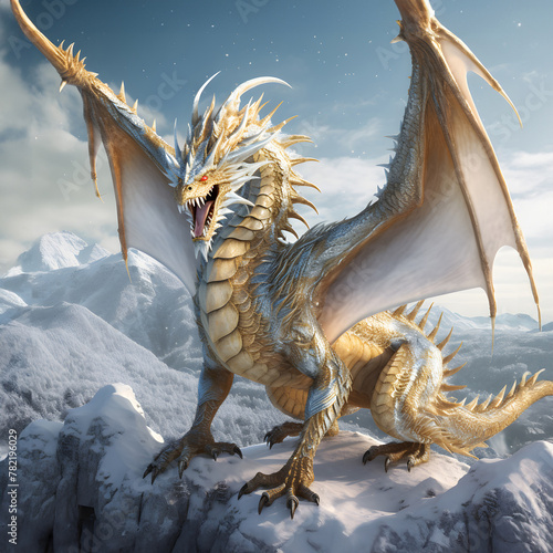 Majestic golden dragon in icy mountain landscape: A fantasy creature's dominance over a snowy realm