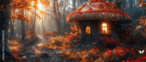 There is a magical enchanted forest with a large mushroom gnome house, where a magical window can be seen, as well as an autumn maple tree, a rose garden with a magical butterfly floating around, and