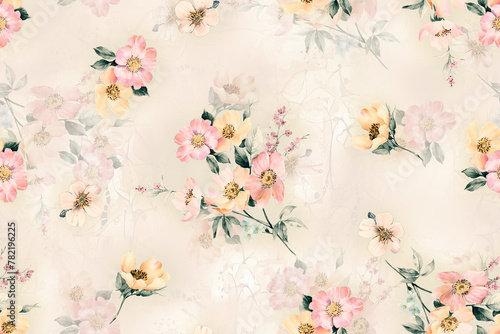 Fototapeta Naklejka Na Ścianę i Meble -  seamless classic pattern with watercolor flowers and leaves. botanical watercolor illustration and background