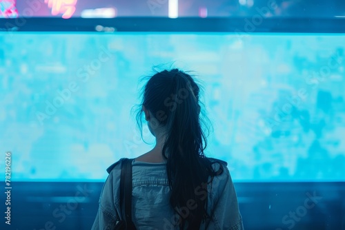 Ui mockup through a shoulder view of a teen girl in front of a computer with a completely blue screen