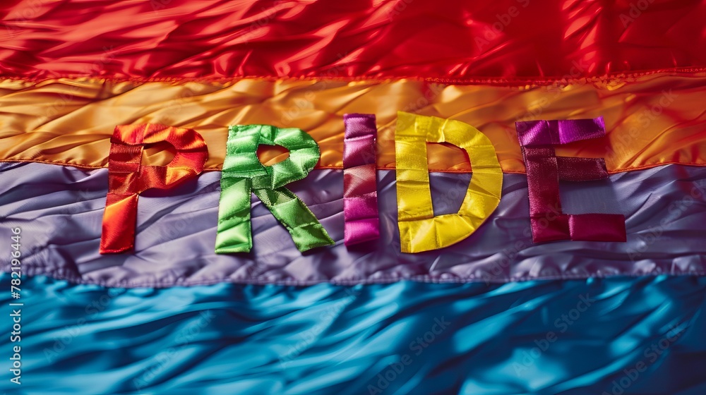 A rainbow flag with the word pride written on it. - obrazy, fototapety, plakaty 